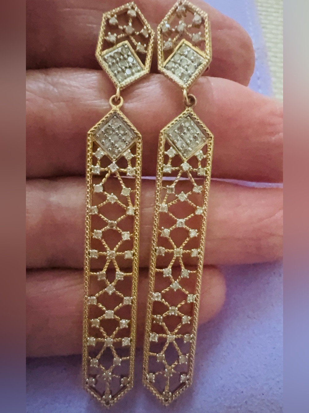 Vintage Gold Vermeil on Sterling Linear Dtop Earrings. Real Diamonds!